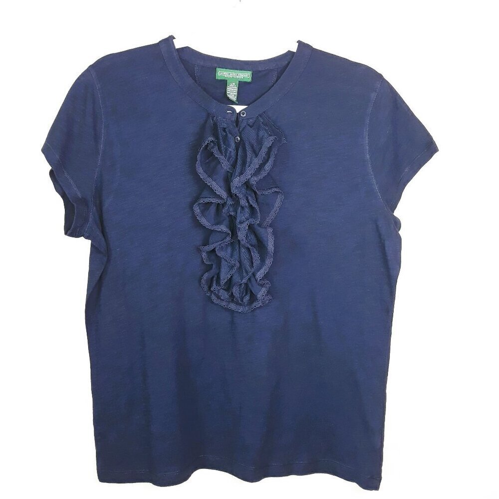 Lauren Jeans Co Ralph Lauren Blue Ruffle Front Cap Sleeve Top L Office Casual